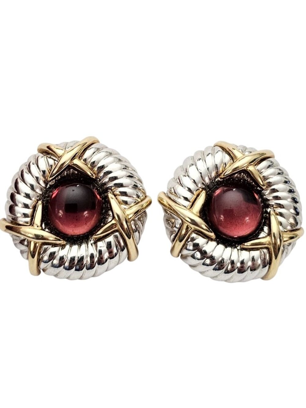 AFJ Purple Glass Cab X O Round Clip On Earrings Signed, J645